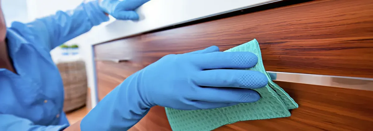 Cleaner wearing blue gloves wiping a wooden cabinet drawer with a microfiber cloth for dust and grime removal, Dallas, TX.