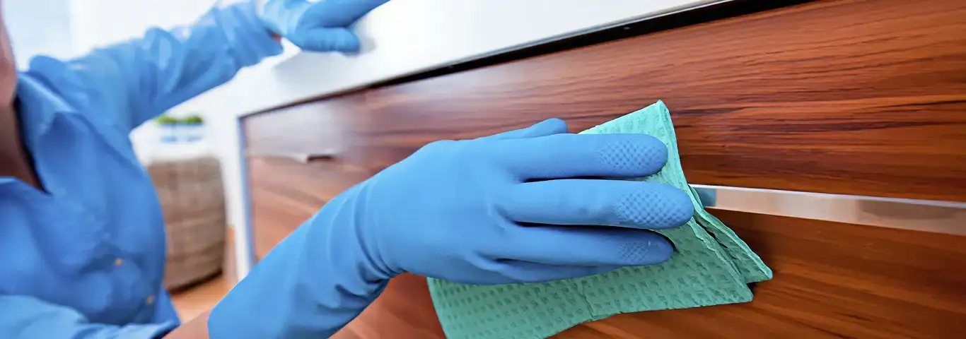 Cleaner wearing blue gloves wiping a wooden cabinet drawer with a microfiber cloth for dust and grime removal, Dallas, TX.