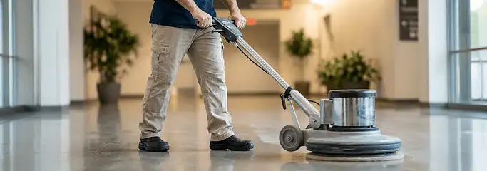 Professional technician using an industrial floor buffer to polish and maintain shiny commercial flooring in a corporate hallway in Dallas, TX.