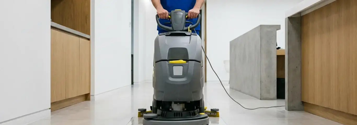Janitorial staff using a floor scrubber machine to clean a commercial hallway, Dallas, TX.