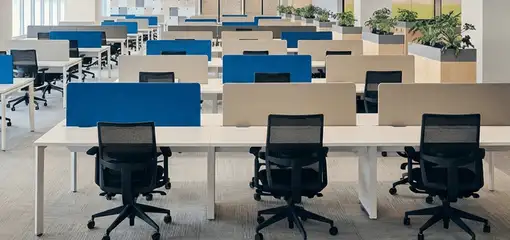 Modern open-plan office space featuring clean workstations, ergonomic chairs, and sanitized carpets provided by professional office cleaning services in Dallas, TX.