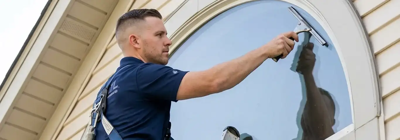 Professional window cleaner using a squeegee to clean an exterior arched window on a home, Dallas, TX.