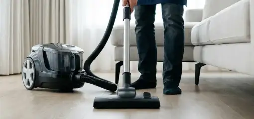 Professional house cleaner vacuuming a living room floor with a canister vacuum cleaner, Dallas, TX.