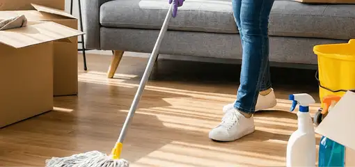 Move-out cleaning setup with a cleaner mopping hardwood floors near moving boxes and cleaning supplies, Dallas, TX.