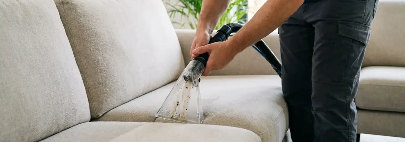 Technician extracting dirt and moisture from a fabric sofa with an upholstery cleaning wand, Dallas, TX.