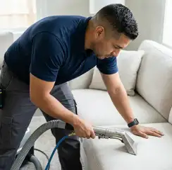 Professional upholstery cleaning technician using an extraction wand to deep-clean a fabric sofa, Dallas, TX.