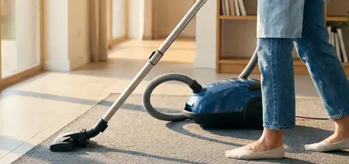 Person vacuuming a living room rug with a canister vacuum cleaner near large windows, Dallas, TX.